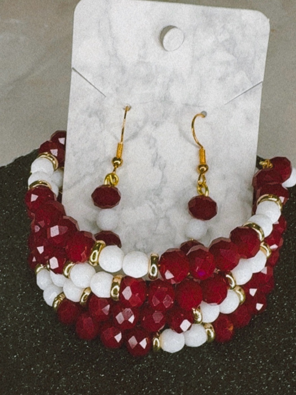 Red and White Crystal Glass Beaded Wire wrap bracelet & Matching Dangle Earrings
